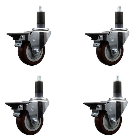Service Caster 3.5'' Maroon Poly Swivel 1-1/4'' Expanding Stem Caster Set with Brake, 4PK SCC-EX20S3514-PPUB-MRN-PLB-114-4